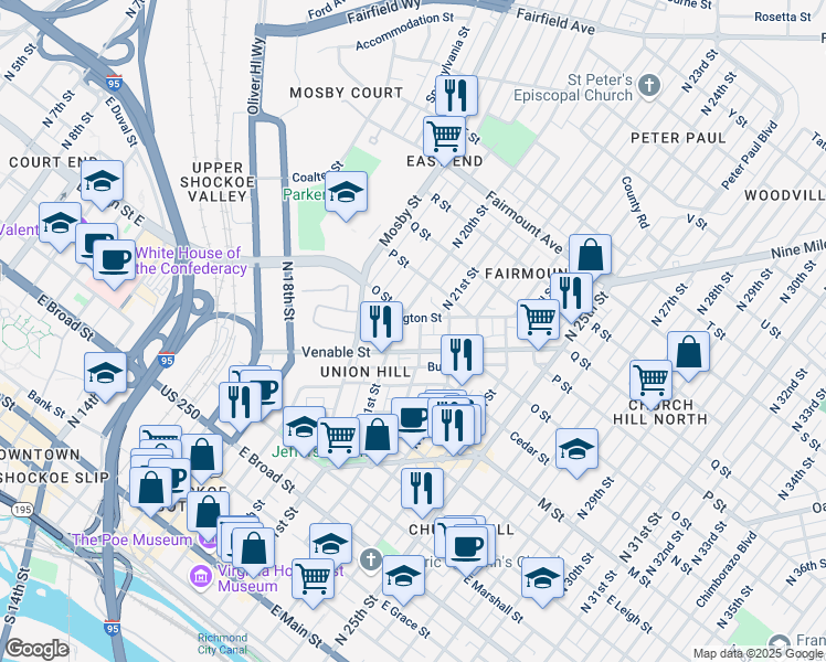map of restaurants, bars, coffee shops, grocery stores, and more near 864 North 22nd Street in Richmond