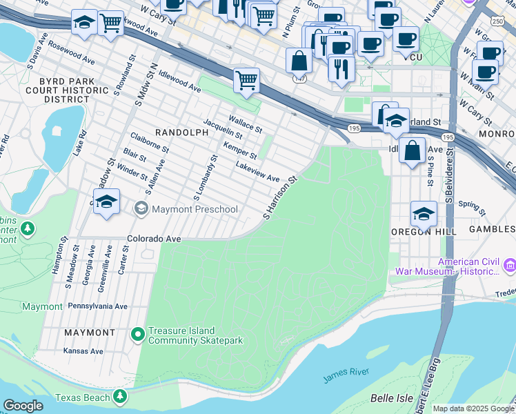 map of restaurants, bars, coffee shops, grocery stores, and more near 1306 Blair Street in Richmond
