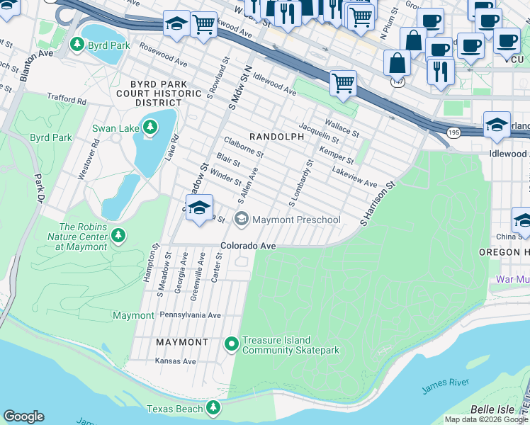 map of restaurants, bars, coffee shops, grocery stores, and more near 1112 Sumpter Street in Richmond