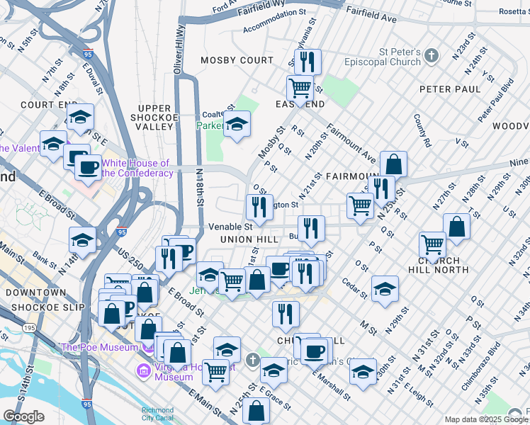 map of restaurants, bars, coffee shops, grocery stores, and more near 814 North 21st Street in Richmond