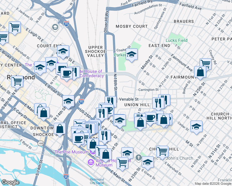 map of restaurants, bars, coffee shops, grocery stores, and more near North 18th Street in Richmond