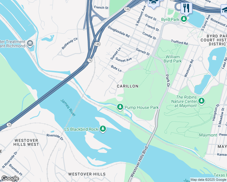 map of restaurants, bars, coffee shops, grocery stores, and more near 15 Old Canal Road in Richmond