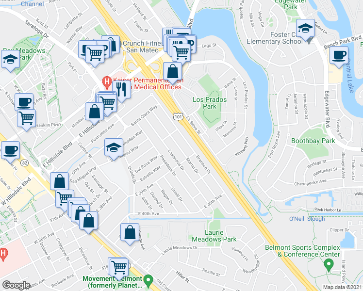 map of restaurants, bars, coffee shops, grocery stores, and more near 3729 Martin Drive in San Mateo