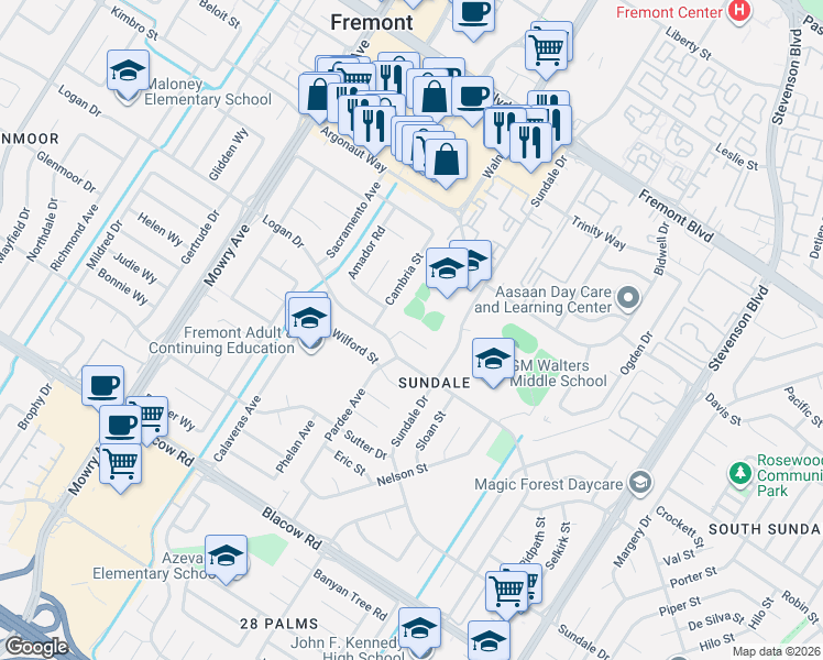 map of restaurants, bars, coffee shops, grocery stores, and more near 39538 Dorrington Court in Fremont