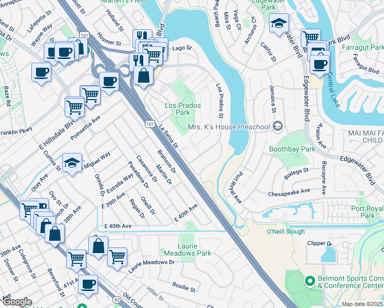 map of restaurants, bars, coffee shops, grocery stores, and more near 3377 La Selva Street in San Mateo