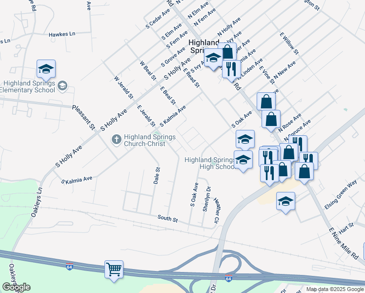 map of restaurants, bars, coffee shops, grocery stores, and more near Sag Harbor Place in Highland Springs
