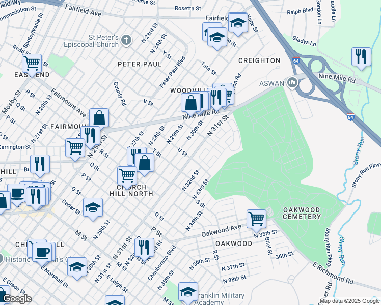 map of restaurants, bars, coffee shops, grocery stores, and more near 1502 North 31st Street in Richmond