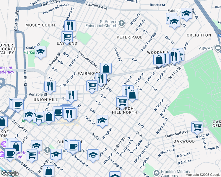 map of restaurants, bars, coffee shops, grocery stores, and more near 1204 North 26th Street in Richmond