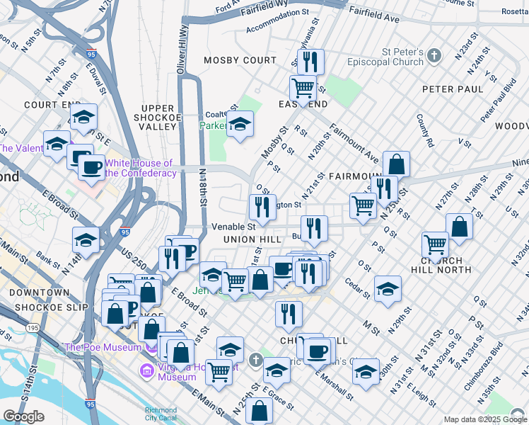 map of restaurants, bars, coffee shops, grocery stores, and more near 814 North 21st Street in Richmond