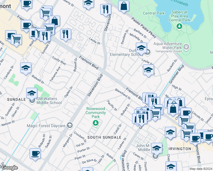 map of restaurants, bars, coffee shops, grocery stores, and more near 40073 Fremont Boulevard in Fremont