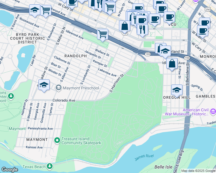map of restaurants, bars, coffee shops, grocery stores, and more near 1306 Blair Street in Richmond