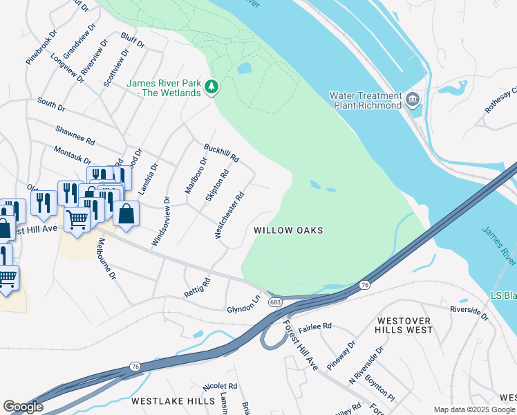 map of restaurants, bars, coffee shops, grocery stores, and more near 2880 Braidwood Road in Richmond
