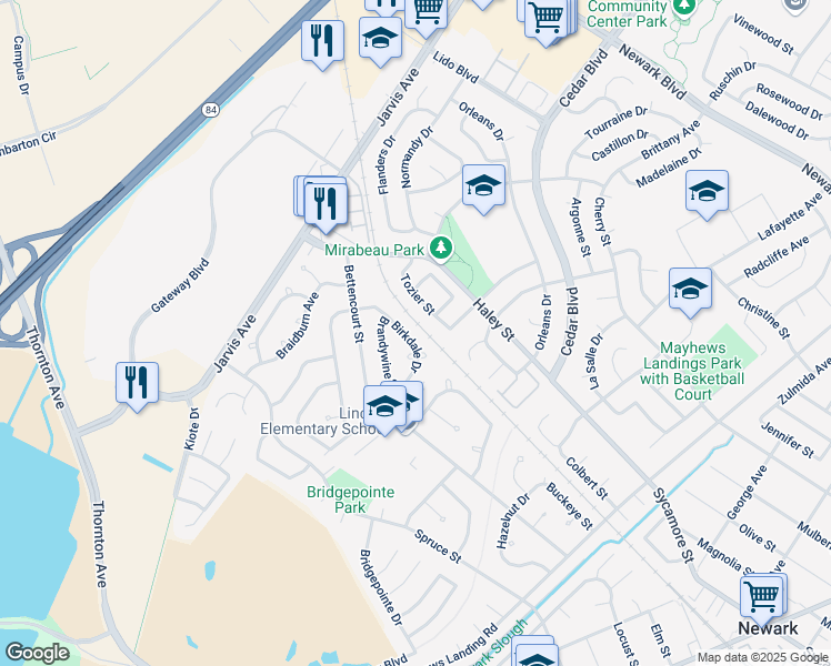 map of restaurants, bars, coffee shops, grocery stores, and more near 7456 Birkdale Dr in Newark