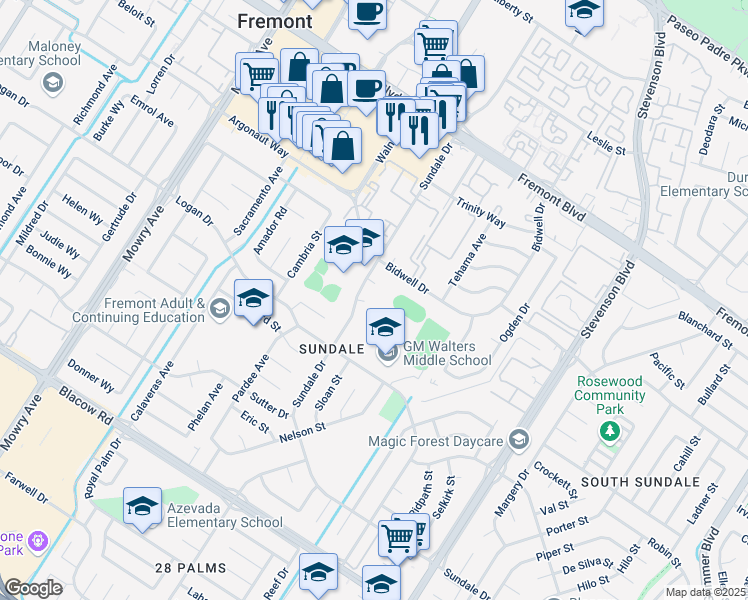 map of restaurants, bars, coffee shops, grocery stores, and more near 39506 Sundale Court in Fremont