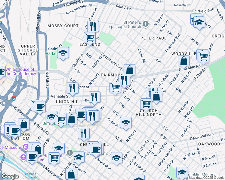 map of restaurants, bars, coffee shops, grocery stores, and more near 1016 Russell Street in Richmond