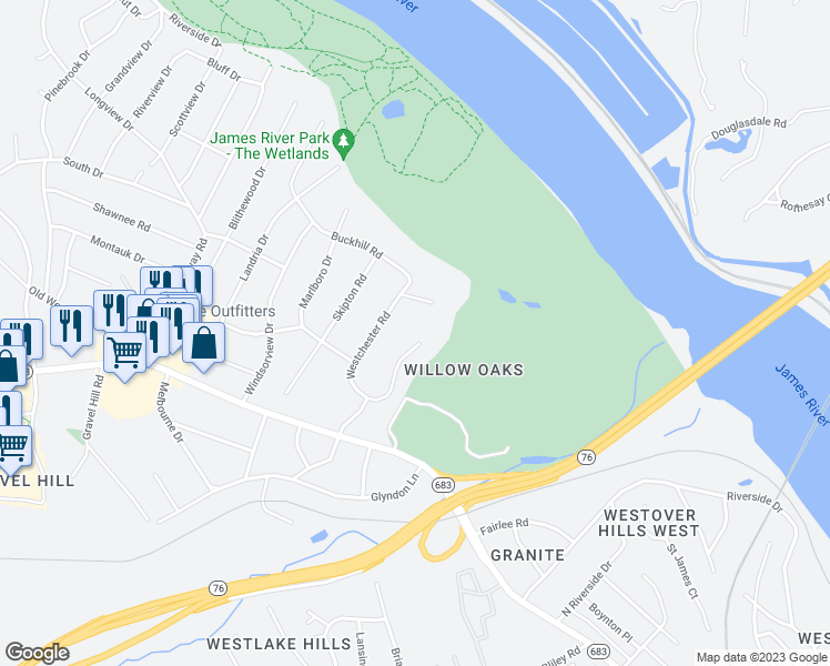 map of restaurants, bars, coffee shops, grocery stores, and more near 2880 Braidwood Road in Richmond