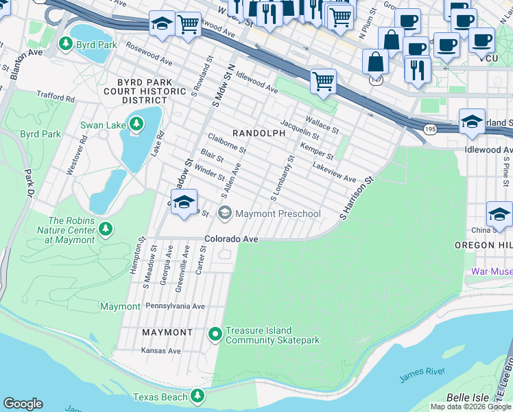 map of restaurants, bars, coffee shops, grocery stores, and more near 1109 Sumpter Street in Richmond