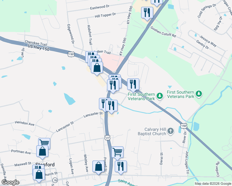 map of restaurants, bars, coffee shops, grocery stores, and more near 101 Vincent Drive in Stanford