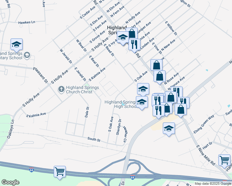 map of restaurants, bars, coffee shops, grocery stores, and more near 583 East Beal Street in Highland Springs