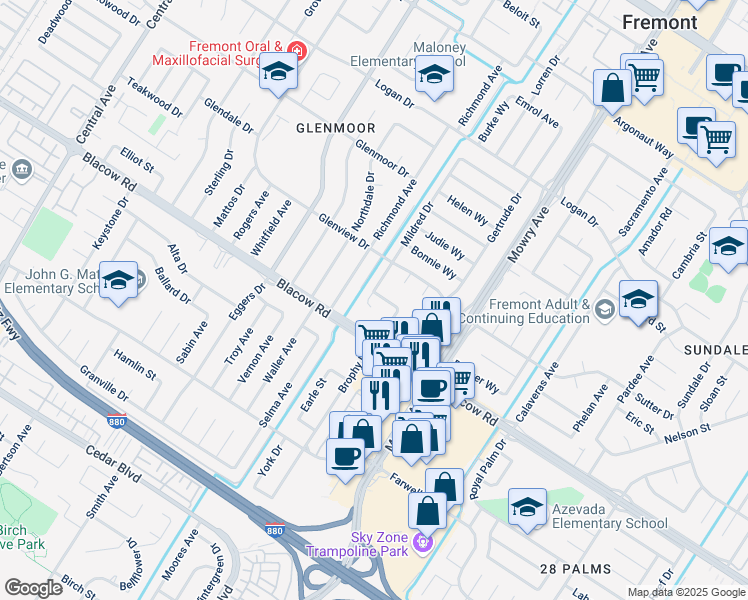 map of restaurants, bars, coffee shops, grocery stores, and more near 4920 Mildred Drive in Fremont