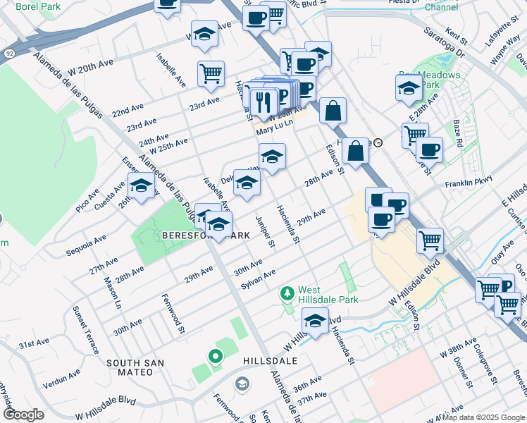 map of restaurants, bars, coffee shops, grocery stores, and more near in San Mateo