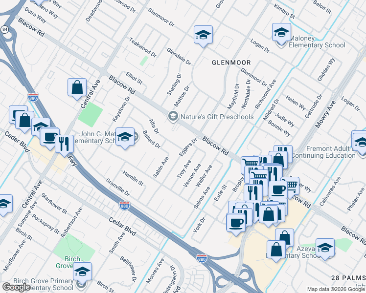 map of restaurants, bars, coffee shops, grocery stores, and more near 38396 Alta Drive in Fremont