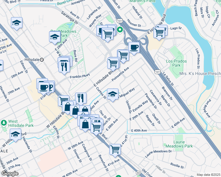 map of restaurants, bars, coffee shops, grocery stores, and more near 121 Otay Avenue in San Mateo
