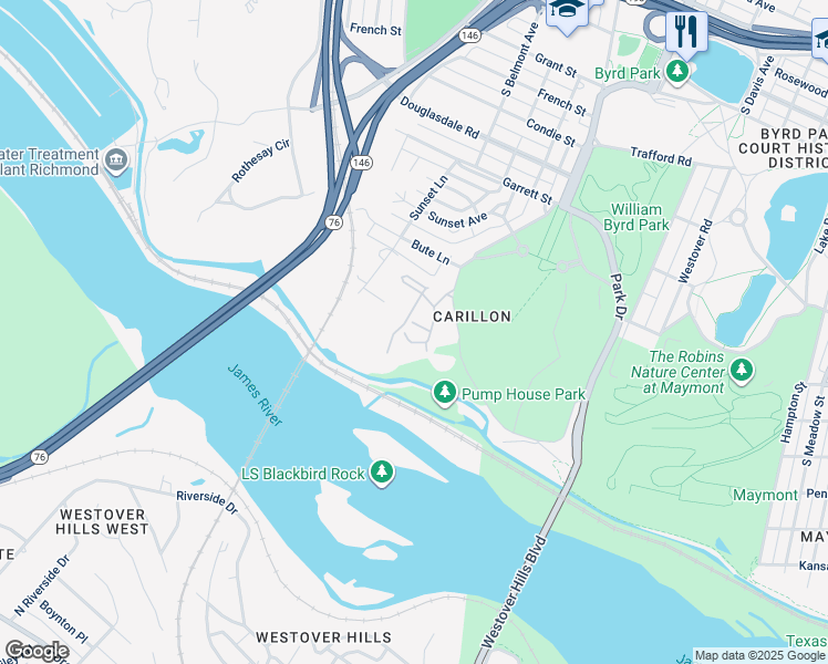 map of restaurants, bars, coffee shops, grocery stores, and more near 19 Old Canal Road in Richmond