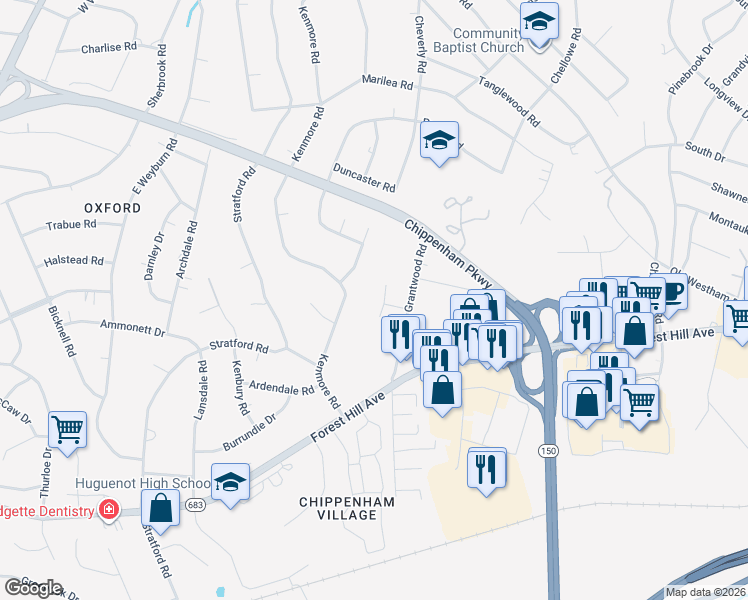 map of restaurants, bars, coffee shops, grocery stores, and more near 2718 Grantwood Ct in Richmond