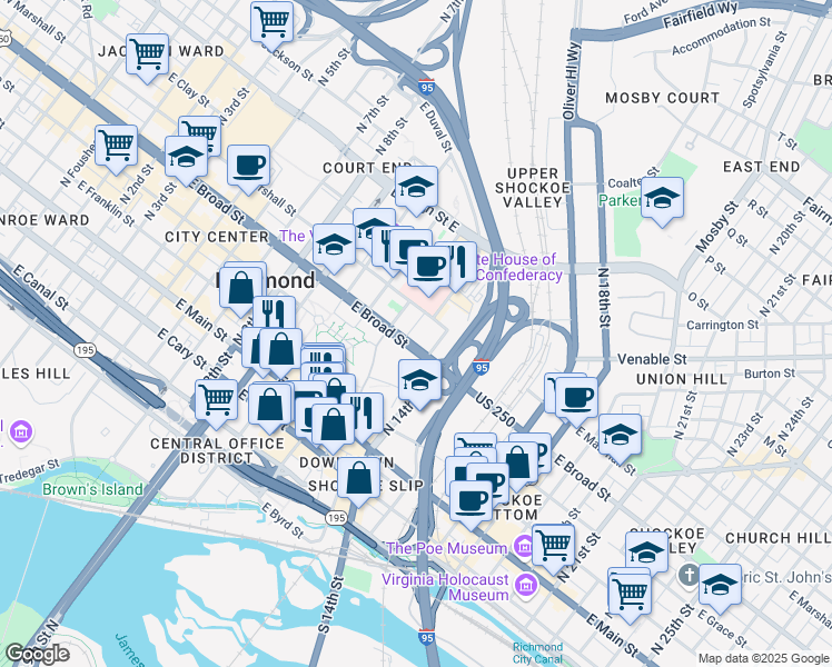 map of restaurants, bars, coffee shops, grocery stores, and more near 1220 East Broad Street in Richmond