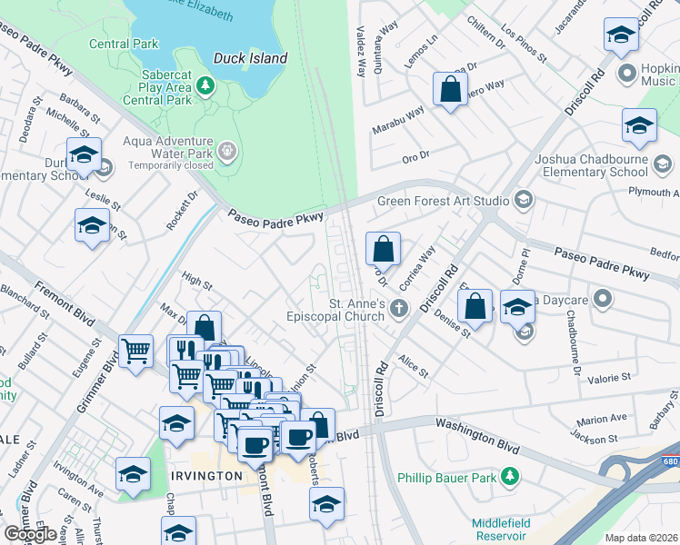 map of restaurants, bars, coffee shops, grocery stores, and more near Pinnacles Terrace in Fremont