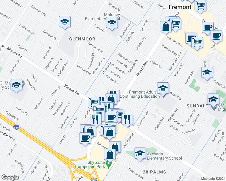 map of restaurants, bars, coffee shops, grocery stores, and more near 4805 Gertrude Drive in Fremont