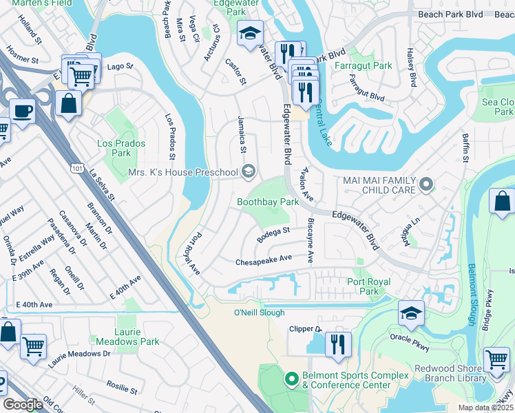 map of restaurants, bars, coffee shops, grocery stores, and more near 1163-1101 Galveston Street in Foster City