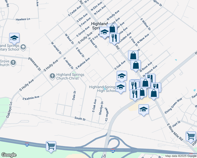 map of restaurants, bars, coffee shops, grocery stores, and more near 583 East Beal Street in Highland Springs