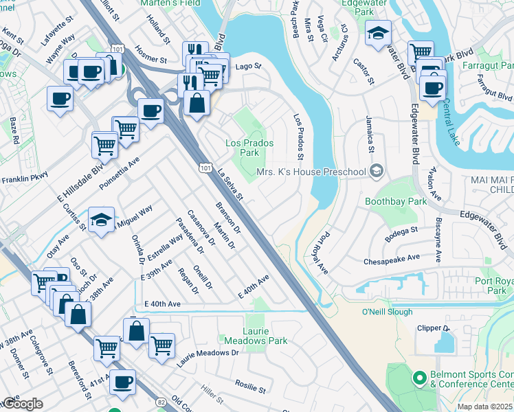 map of restaurants, bars, coffee shops, grocery stores, and more near 3377 La Selva Street in San Mateo