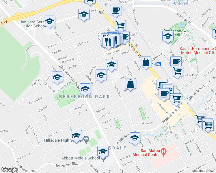 map of restaurants, bars, coffee shops, grocery stores, and more near in San Mateo