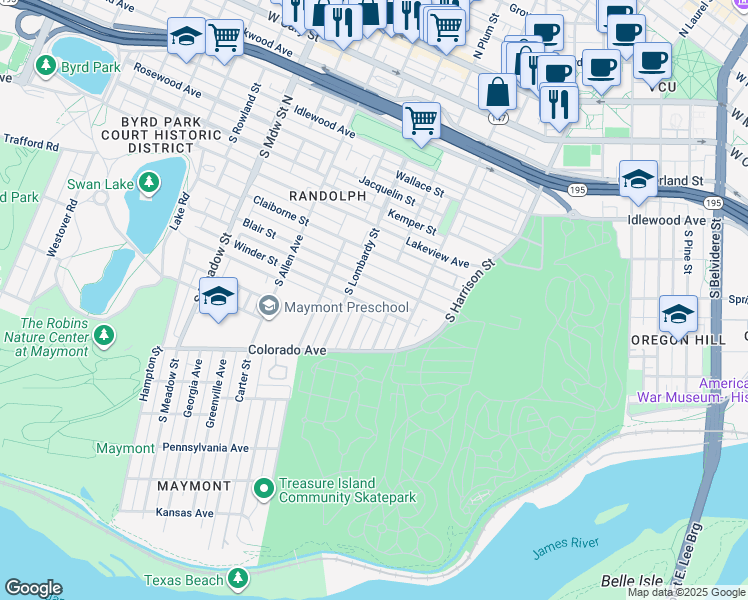 map of restaurants, bars, coffee shops, grocery stores, and more near 1501 Winder Street in Richmond