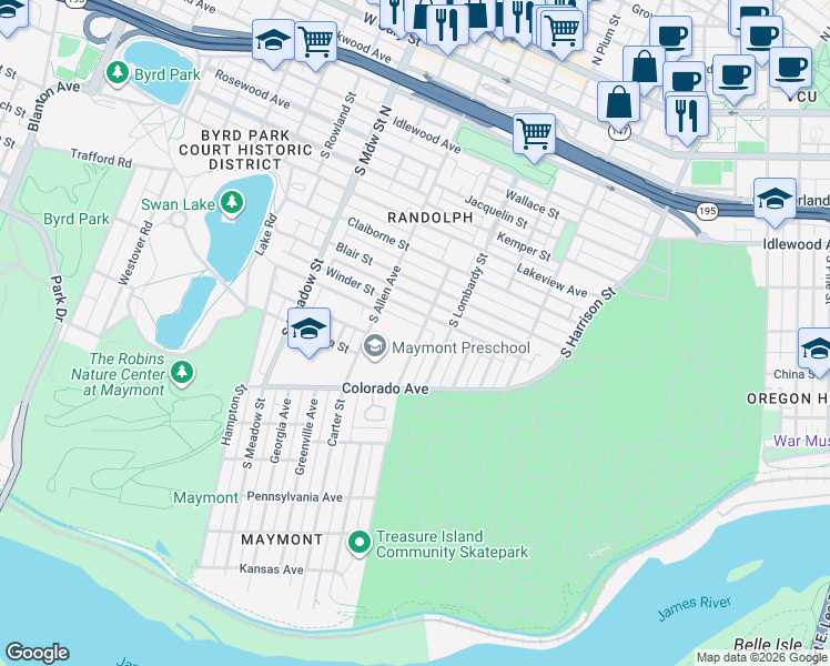 map of restaurants, bars, coffee shops, grocery stores, and more near 1109 Sumpter Street in Richmond