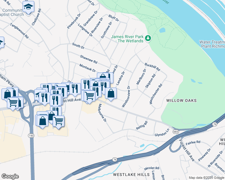 map of restaurants, bars, coffee shops, grocery stores, and more near 6733 Sequoyah Road in Richmond