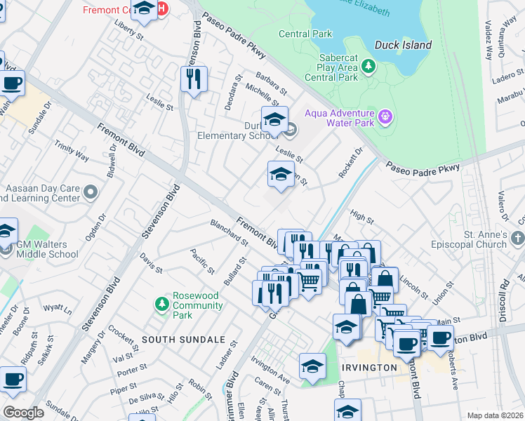 map of restaurants, bars, coffee shops, grocery stores, and more near 3931 Cosmic Place in Fremont