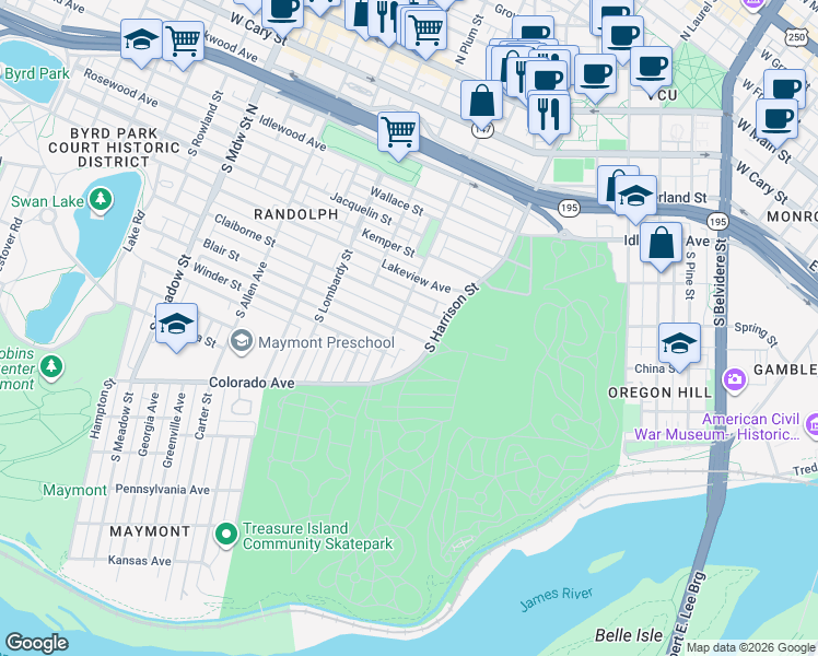 map of restaurants, bars, coffee shops, grocery stores, and more near 1310 Blair Street in Richmond