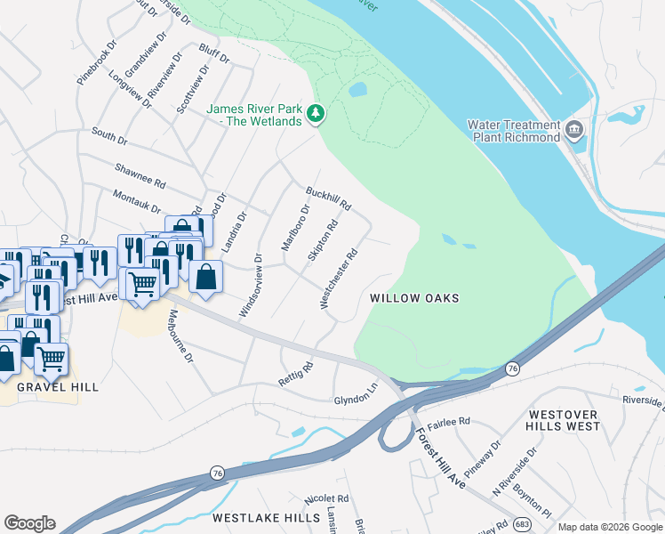 map of restaurants, bars, coffee shops, grocery stores, and more near 2930 Westchester Rd in Richmond