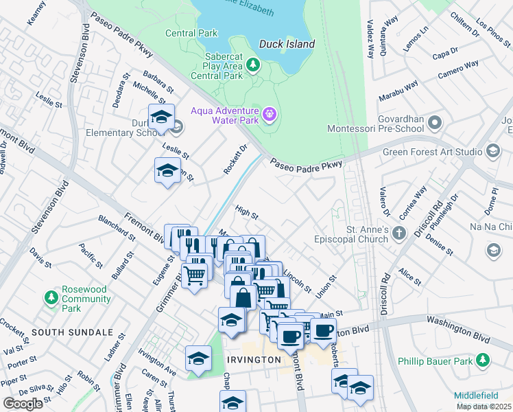 map of restaurants, bars, coffee shops, grocery stores, and more near 40640 High Street in Fremont