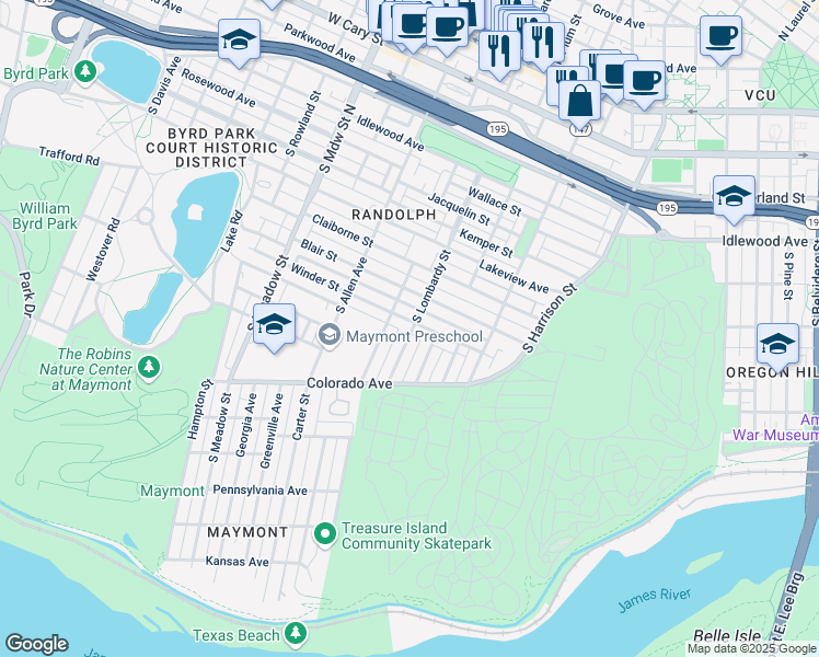 map of restaurants, bars, coffee shops, grocery stores, and more near 1601 Winder Street in Richmond