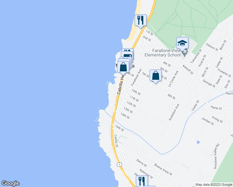 map of restaurants, bars, coffee shops, grocery stores, and more near 165 12th Street in Montara