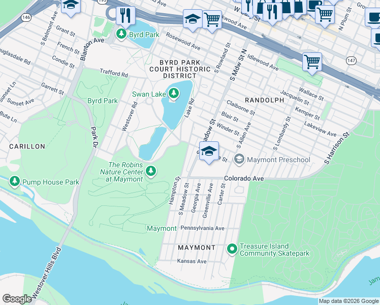 map of restaurants, bars, coffee shops, grocery stores, and more near 1307 Hampton Street in Richmond