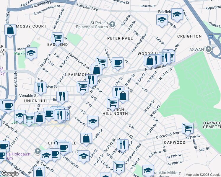 map of restaurants, bars, coffee shops, grocery stores, and more near 1222 North 27th Street in Richmond