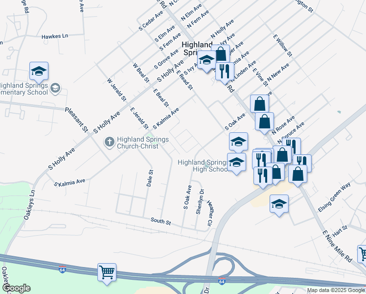 map of restaurants, bars, coffee shops, grocery stores, and more near 543 East Beal Street in Highland Springs