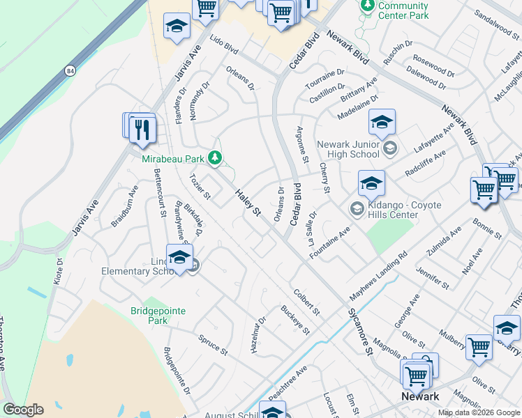 map of restaurants, bars, coffee shops, grocery stores, and more near 6746 Martel Place in Newark