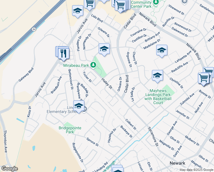 map of restaurants, bars, coffee shops, grocery stores, and more near 7034 Rochelle Avenue in Newark